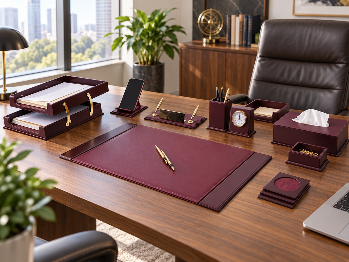 Illustratieve kantoorscène met bordeauxrode bureauaccessoires voor werk