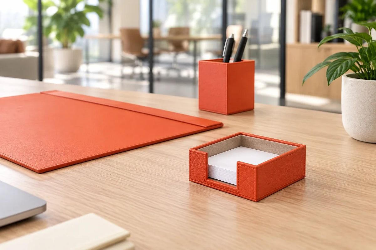 Accessoires de bureau orange et porte-cartes de visite dans un bureau lumineux