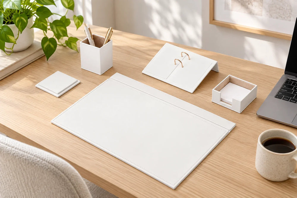 Ensemble de bureau blanc de cinq pièces sur un bureau en chêne clair dans un bureau à domicile lumineux