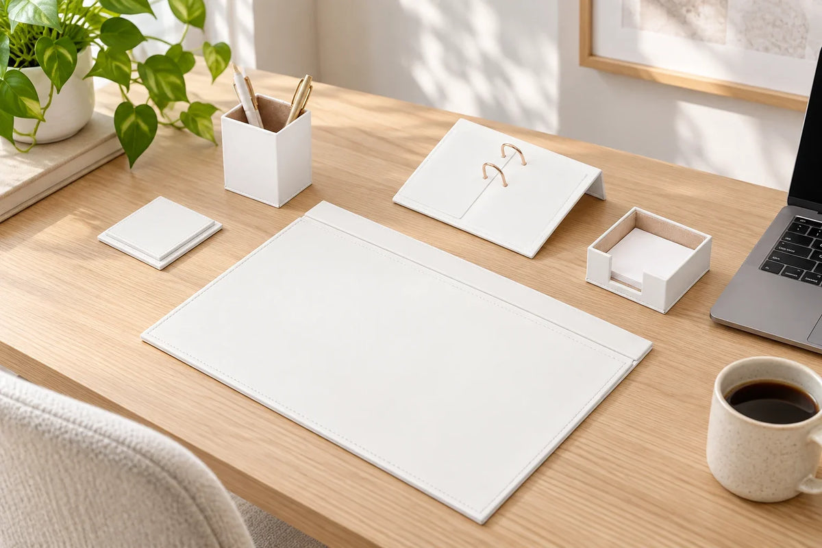 White five-piece desk set on a pale oak desk in a bright home office