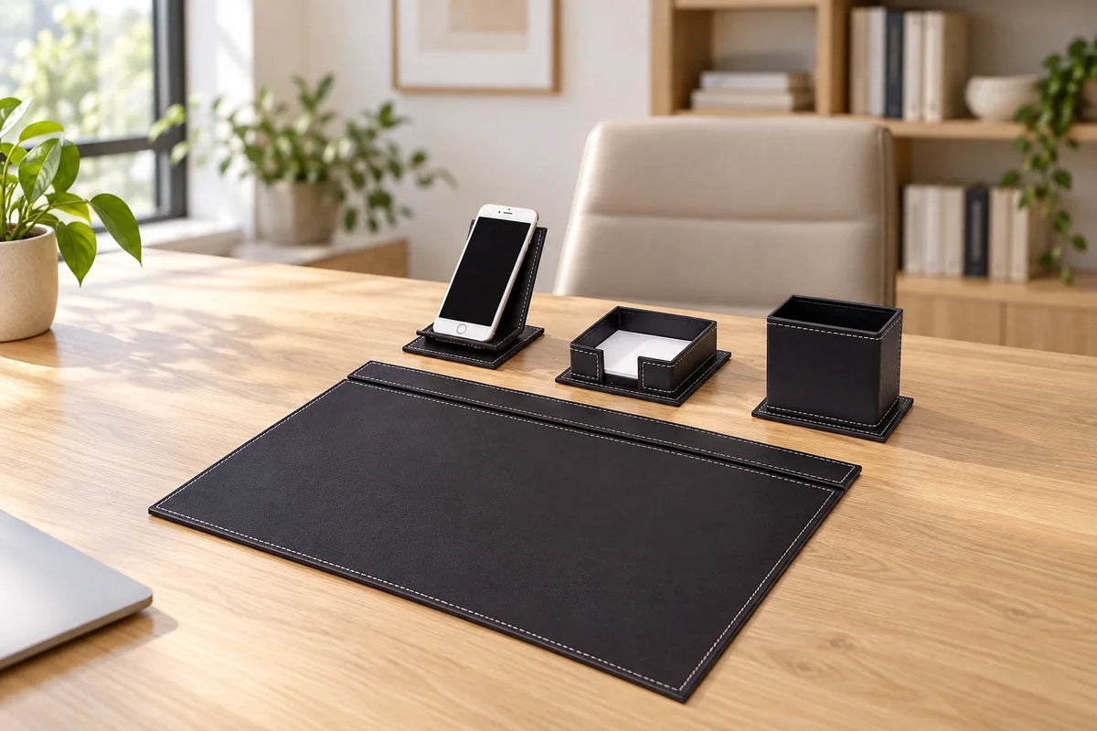 Compact black four-piece desk set in a modern office