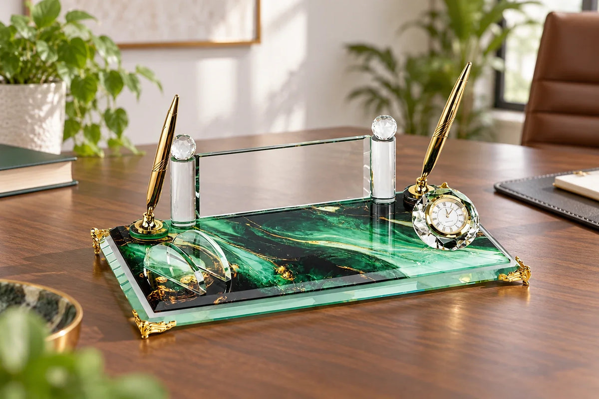 Glazen naamplaat met gouden pennen en klok op directiebureau
