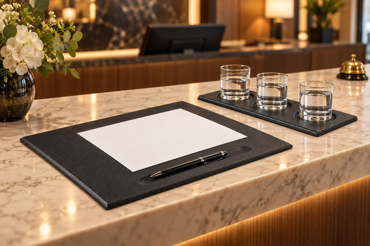 Schwarze Unterschriftenunterlage und Tablett für drei Gläser auf elegantem Hotel-Empfangstresen