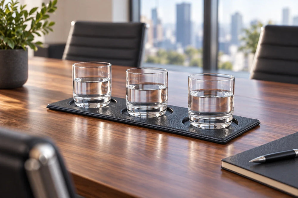 Plateau noir à sous-verres pour trois verres sur une table de réunion en noyer