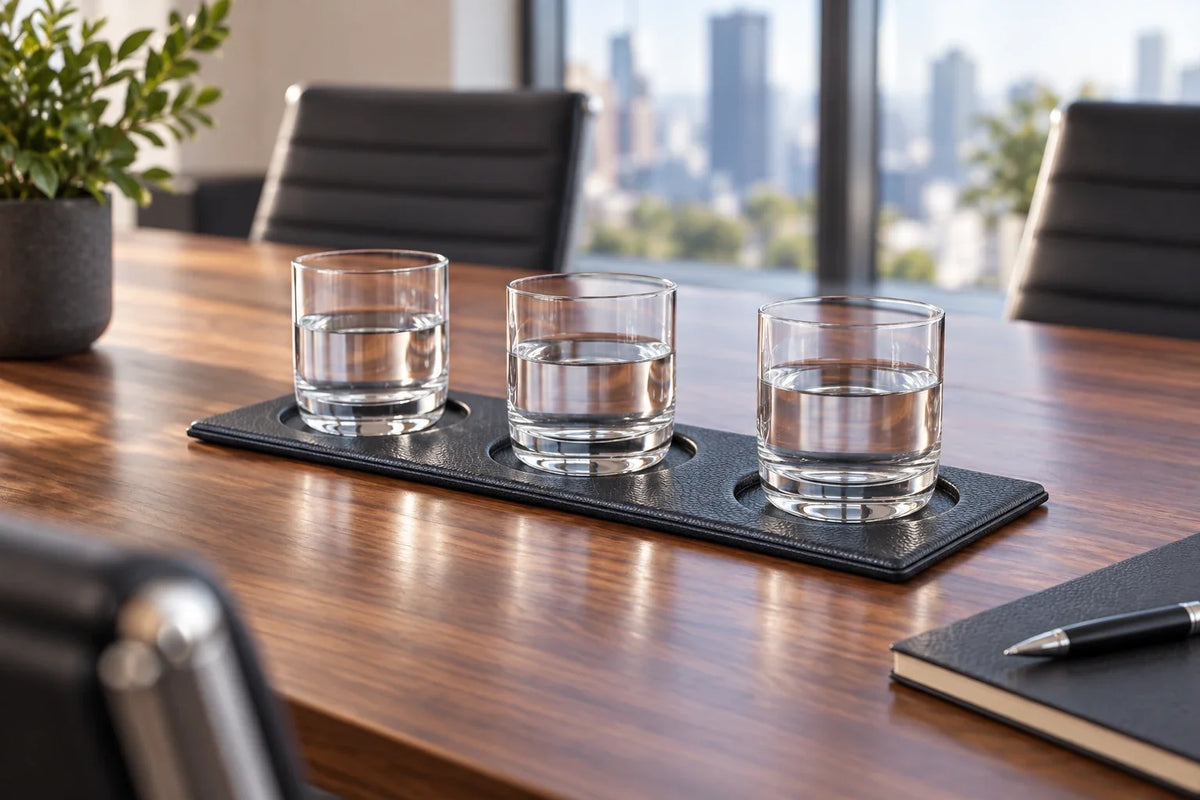 Black three-glass coaster tray on a walnut meeting room table