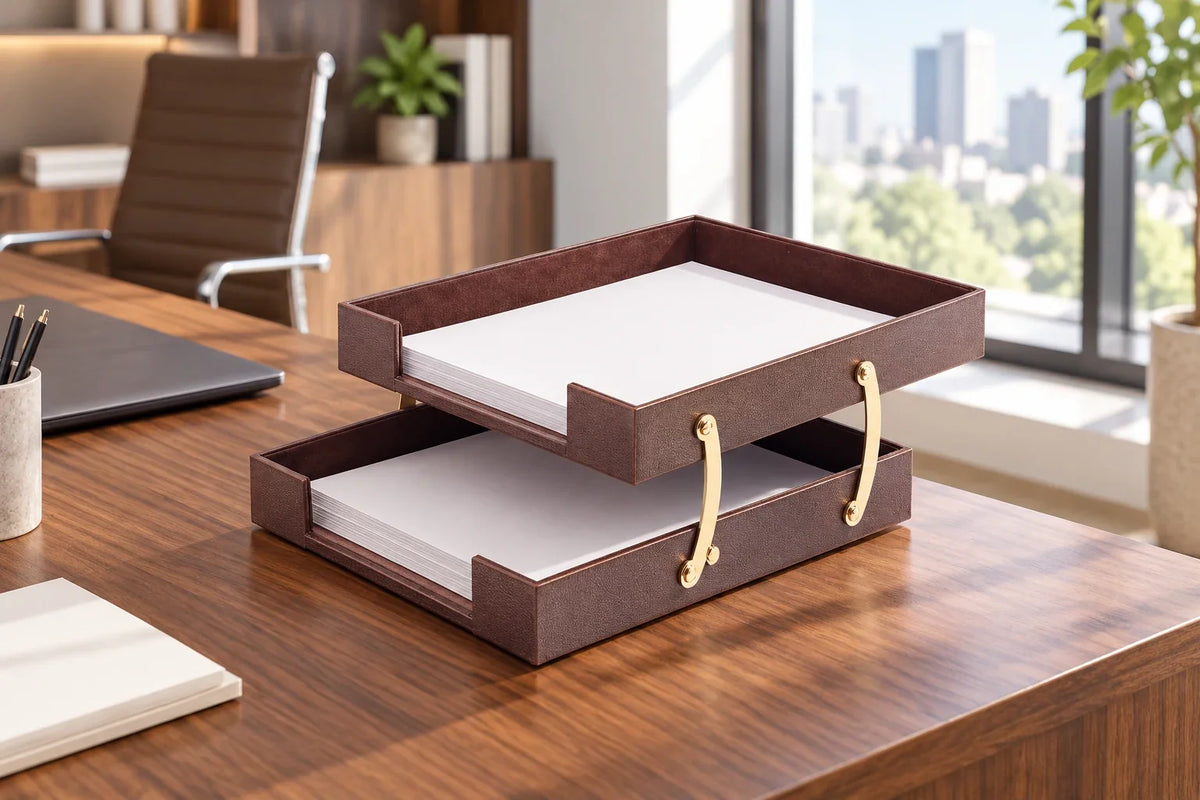 Brown two-tier document tray on a tidy office desk