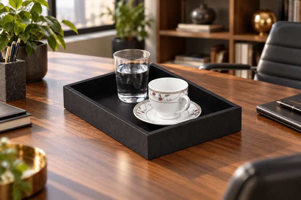 Plateau de présentation noir avec tasse de café et verre d’eau sur un bureau