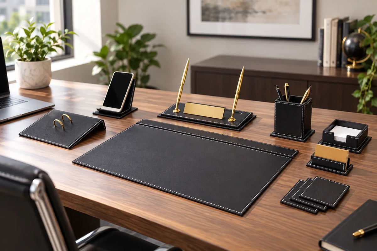 Black desk set with contrasting white stitching in a bright office