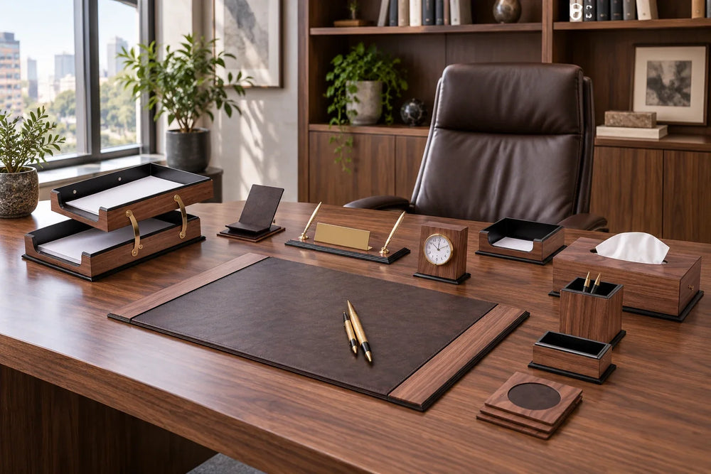 Accessoires de bureau en placage bois sur un bureau de direction en noyer