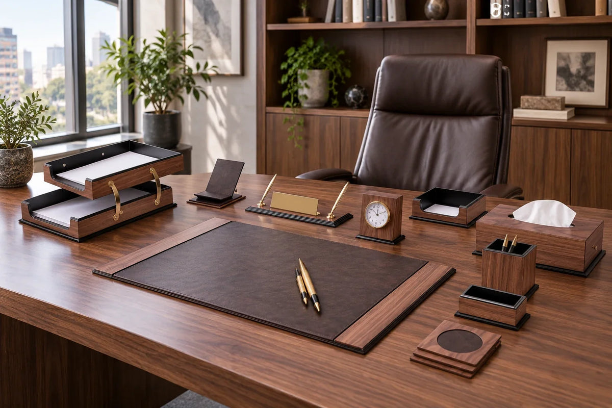 Bureauaccessoires van houtfineer op notenhouten directiebureau