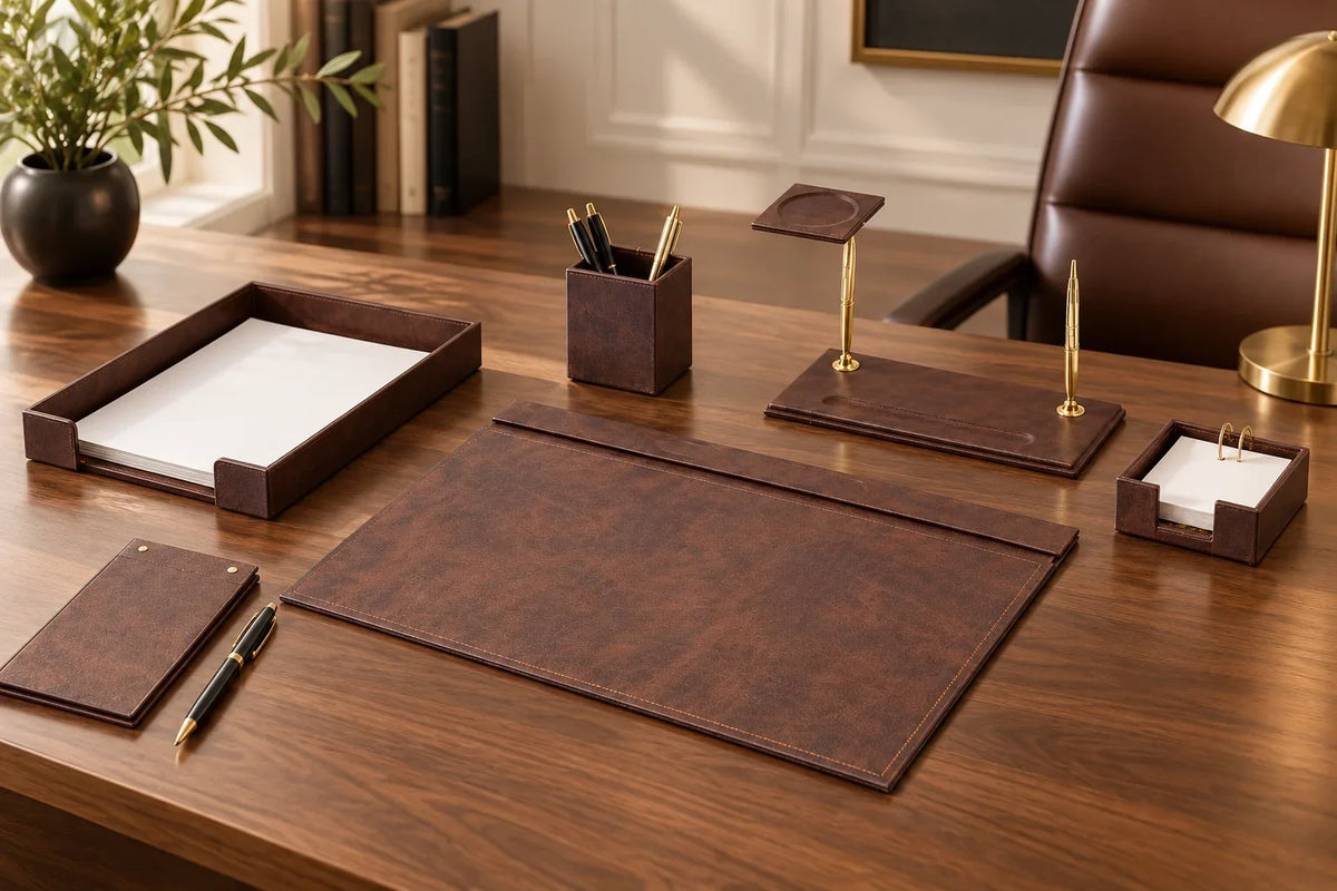 Sous-main brun en similicuir, bac à papier et accessoires de bureau assortis