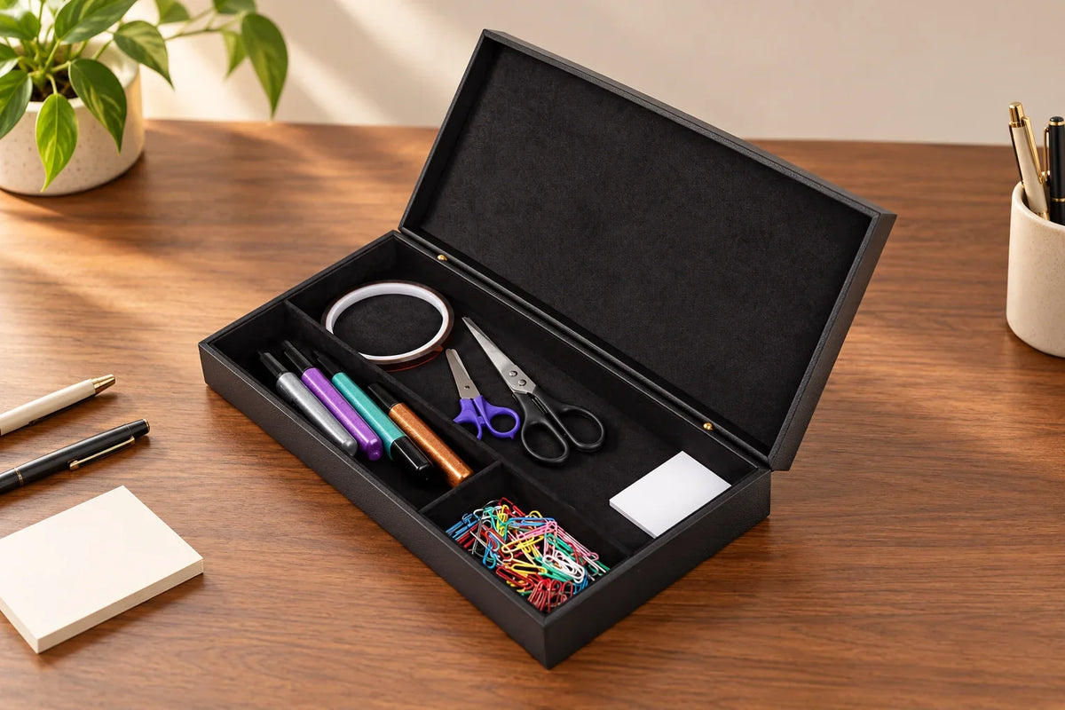 Organiseur de papeterie noir ouvert avec compartiments pour stylos et petites fournitures