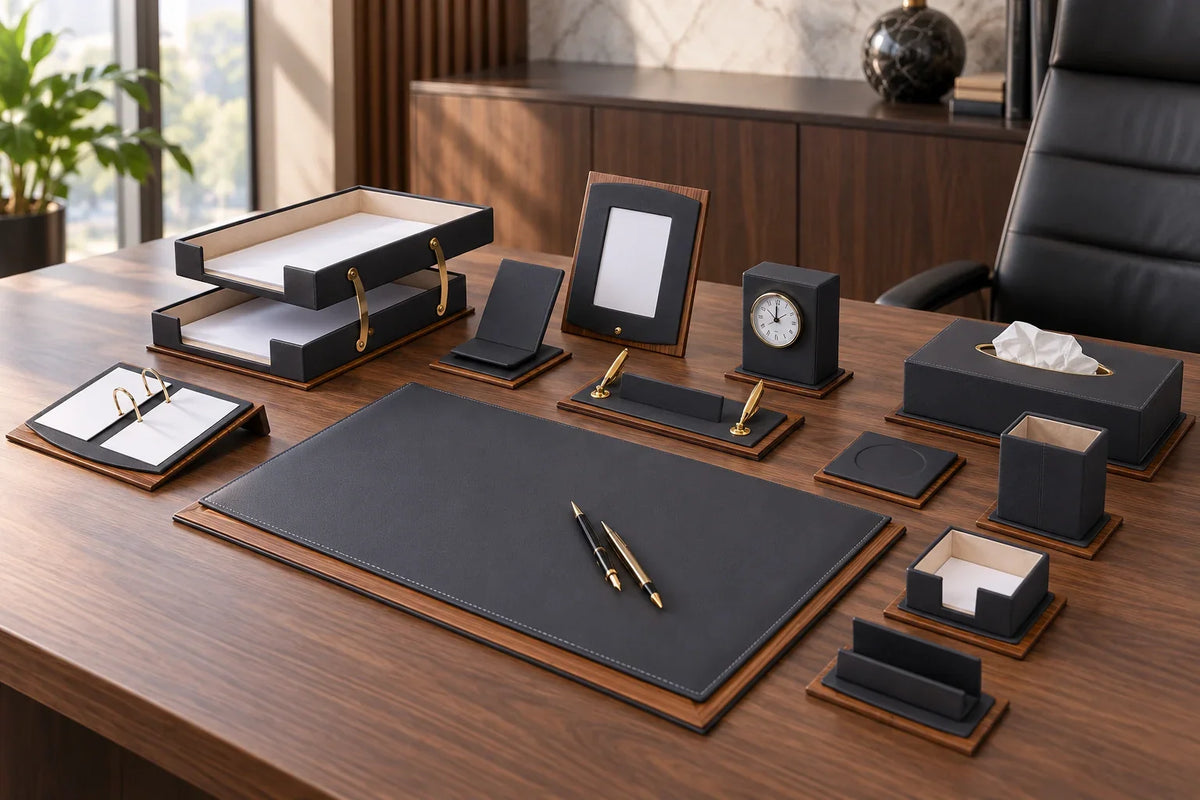 Ensemble de bureau de direction noir assorti avec sous-main, plateaux et horloge sur un bureau en noyer