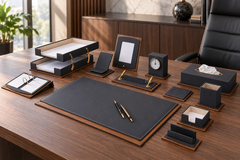 Ensemble de bureau de direction noir assorti avec sous-main, plateaux et horloge sur un bureau en noyer