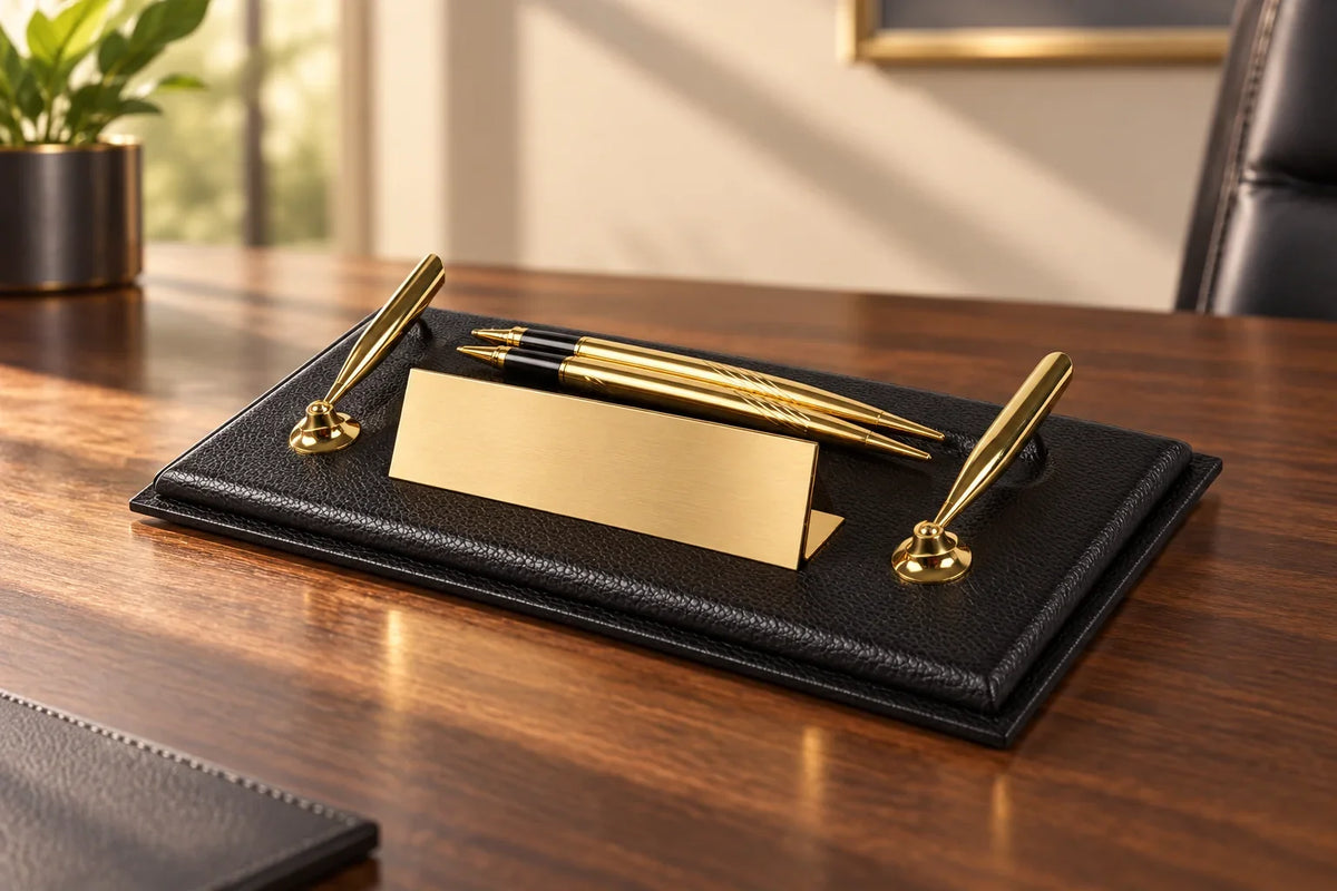 Plaque nominative revêtue de cuir noir avec plaque de laiton vierge et stylos dorés
