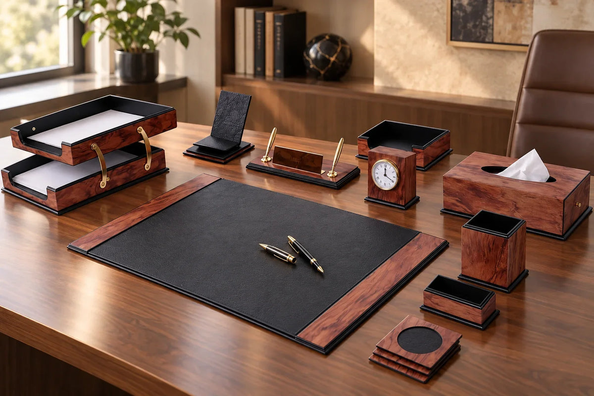 Ensemble de bureau en placage bois et similicuir noir avec sous-main, plateaux et horloge