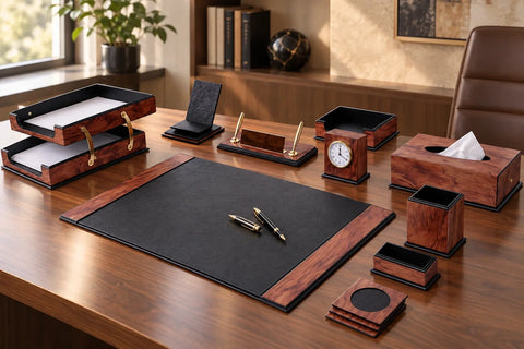 Wood veneer and black faux leather desk set with writing pad, trays and clock