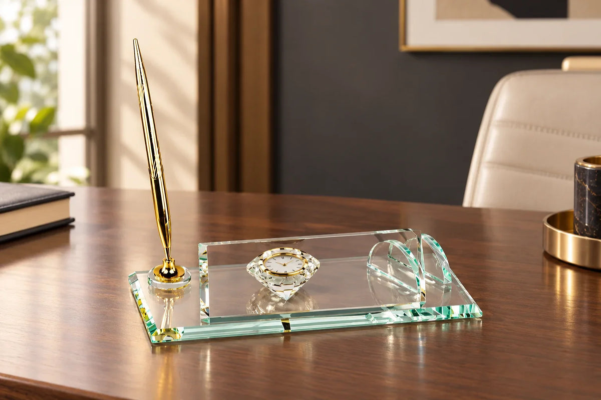 Plaque nominative en verre transparent avec horloge intégrée et stylo doré