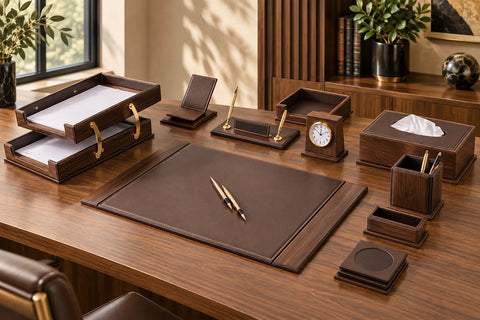 Walnut-tone wood veneer desk set with writing pad, paper trays and clock
