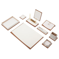 Star 11-Piece Brown Faux Leather Desk Set with Single Paper Tray, Two Ballpoint Pens and Personalized Nameplate
