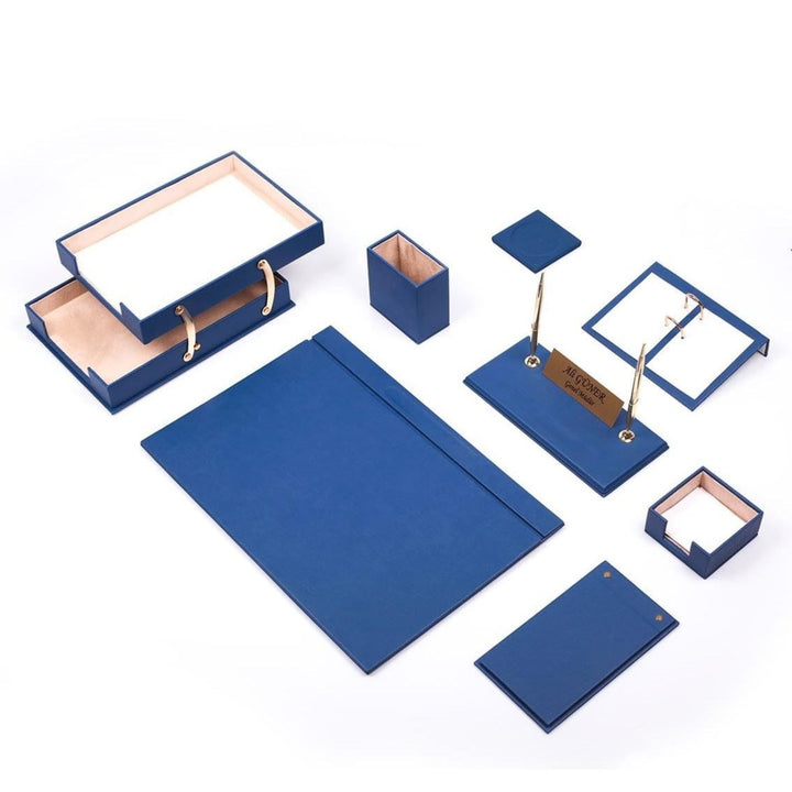 10-Piece Blue Faux Leather Writing Desk Set - Luna: Custom Nameplate, Phone Stand and Two-Tier Document Tray