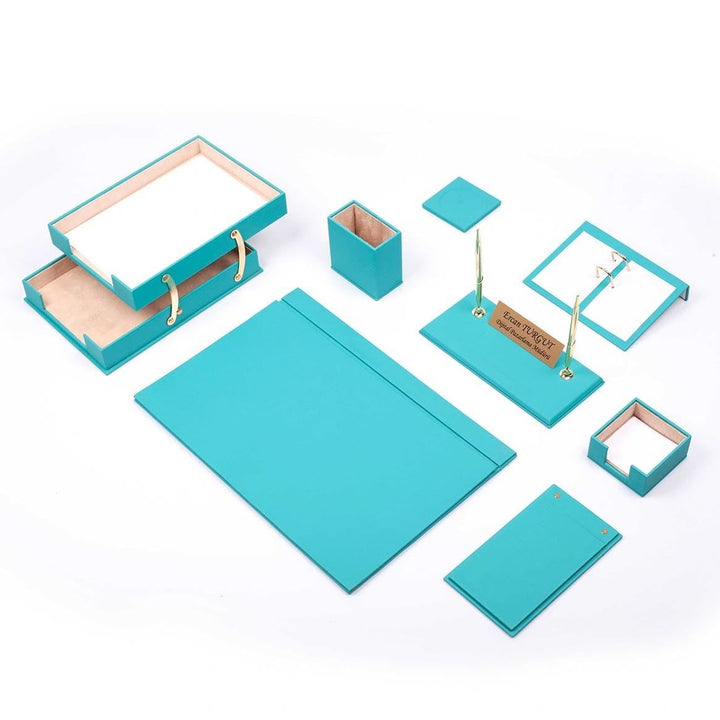 Luna 10-Piece Turquoise Faux Leather Desk Set with Two-Tier Document Tray, Personalized Nameplate and Two Pens