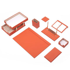Luna - Conjunto de escritorio naranja de 10 piezas en cuero sintético con placa personalizada, soporte de teléfono y bandeja doble – vista del producto 1