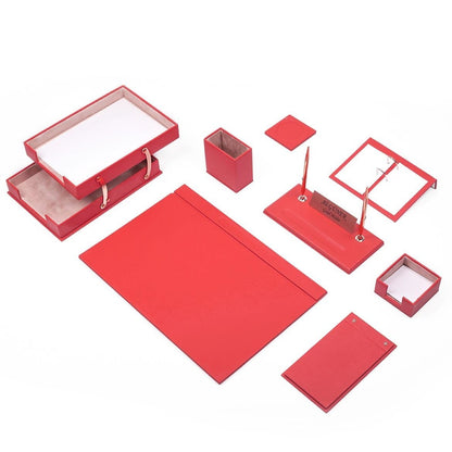 Set da scrivania Luna in pelle con 10 accessori, rosso con doppio portadocumenti