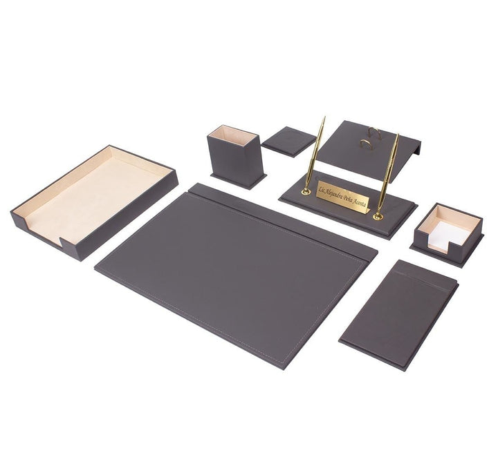Luna Gray 10-Piece Faux Leather Desk Organizer Set - Custom Nameplate, Phone Stand and Single Document Tray