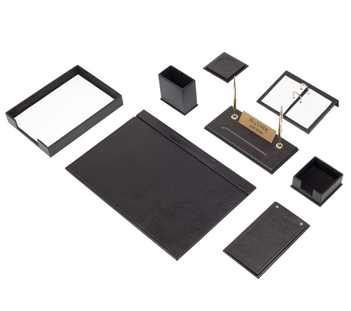 Luna 10-Piece Black Faux Leather Desk Set with Single Document Tray, Custom Nameplate and Two Pens