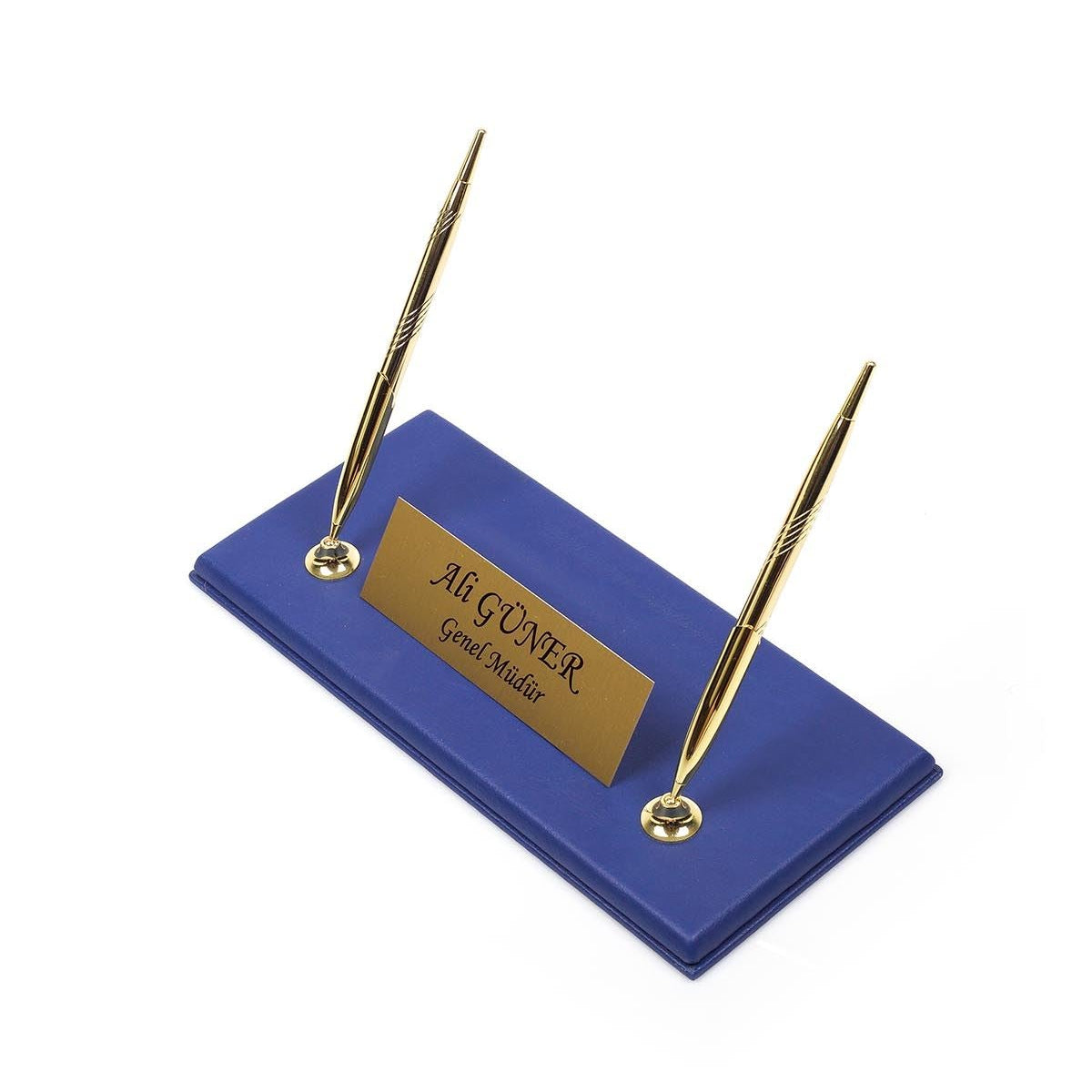 Blue desk nameplate base with two gold-tone pens and a personalized gold-tone plate