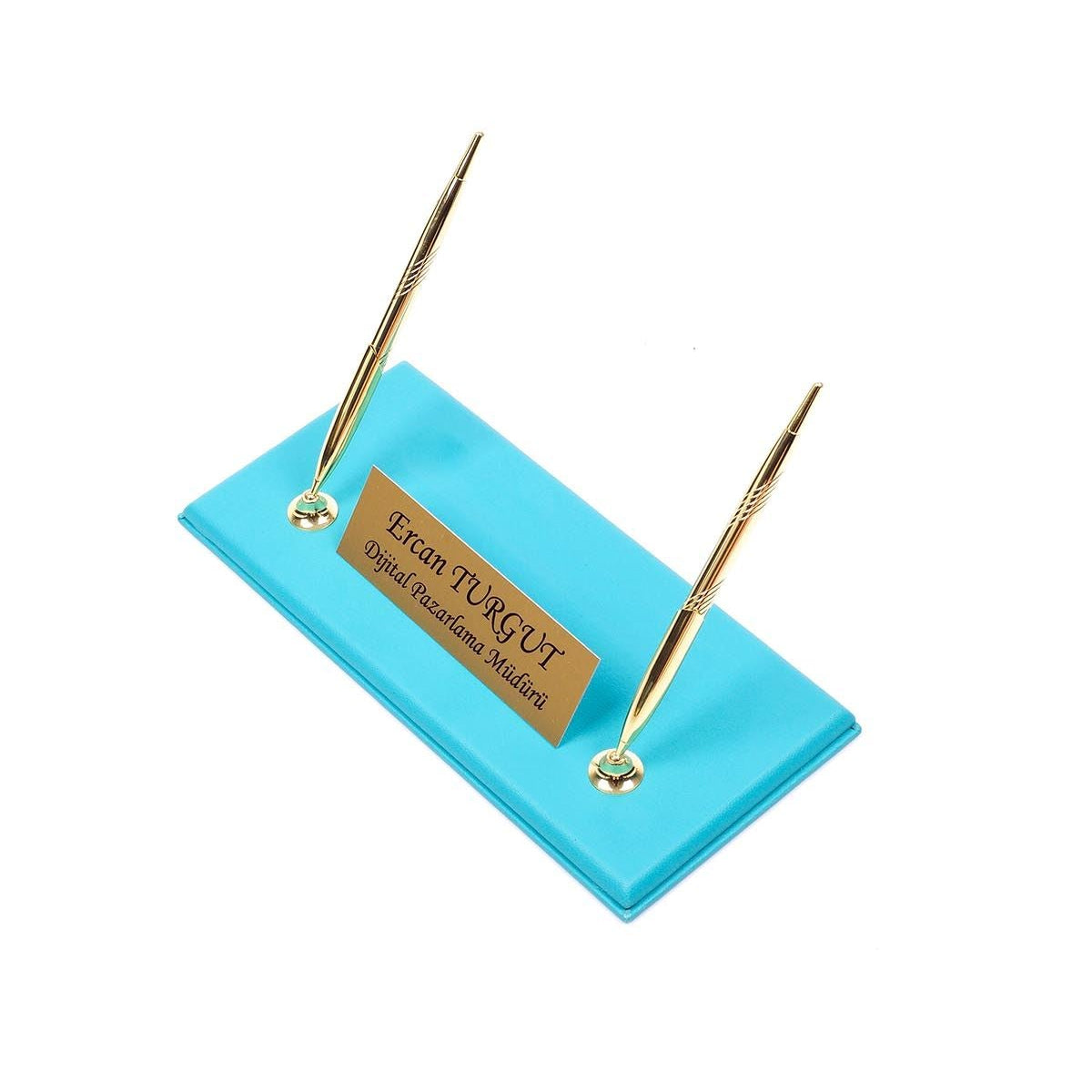 Turquoise desk nameplate base with two gold-tone pens and a personalized gold-tone plate