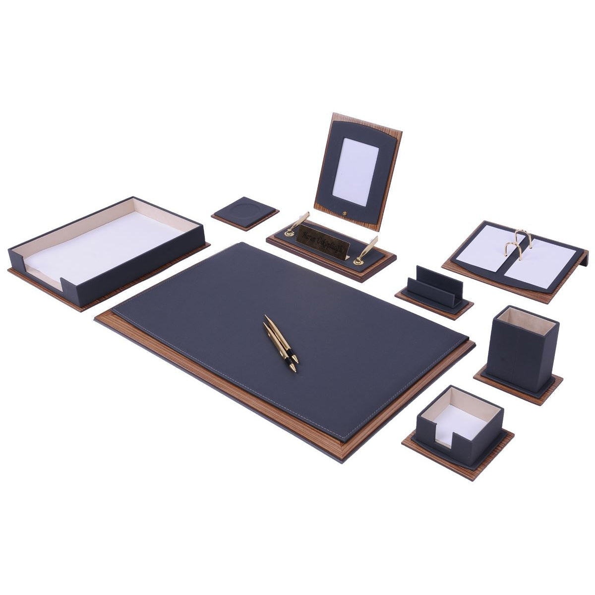 Gray 11-Piece Faux Leather Office Desk Set by Star with Single Document Tray, Large Pad and Photo Frame