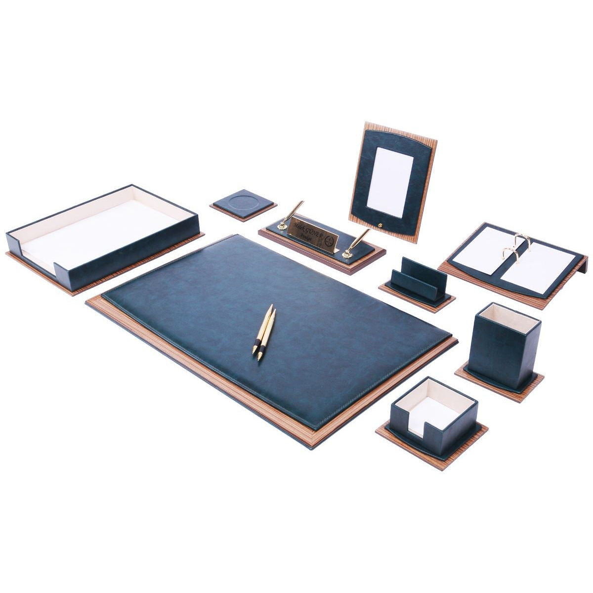 Star Green 11-Piece Faux Leather Desk Accessories Set with Single Tray, Calendar Holder and Custom Nameplate