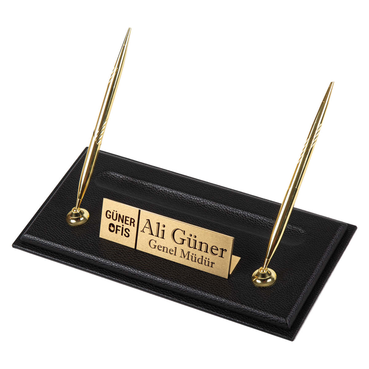 Black textured desk nameplate base with two gold-tone pens and a personalized gold-tone plate bearing a logo