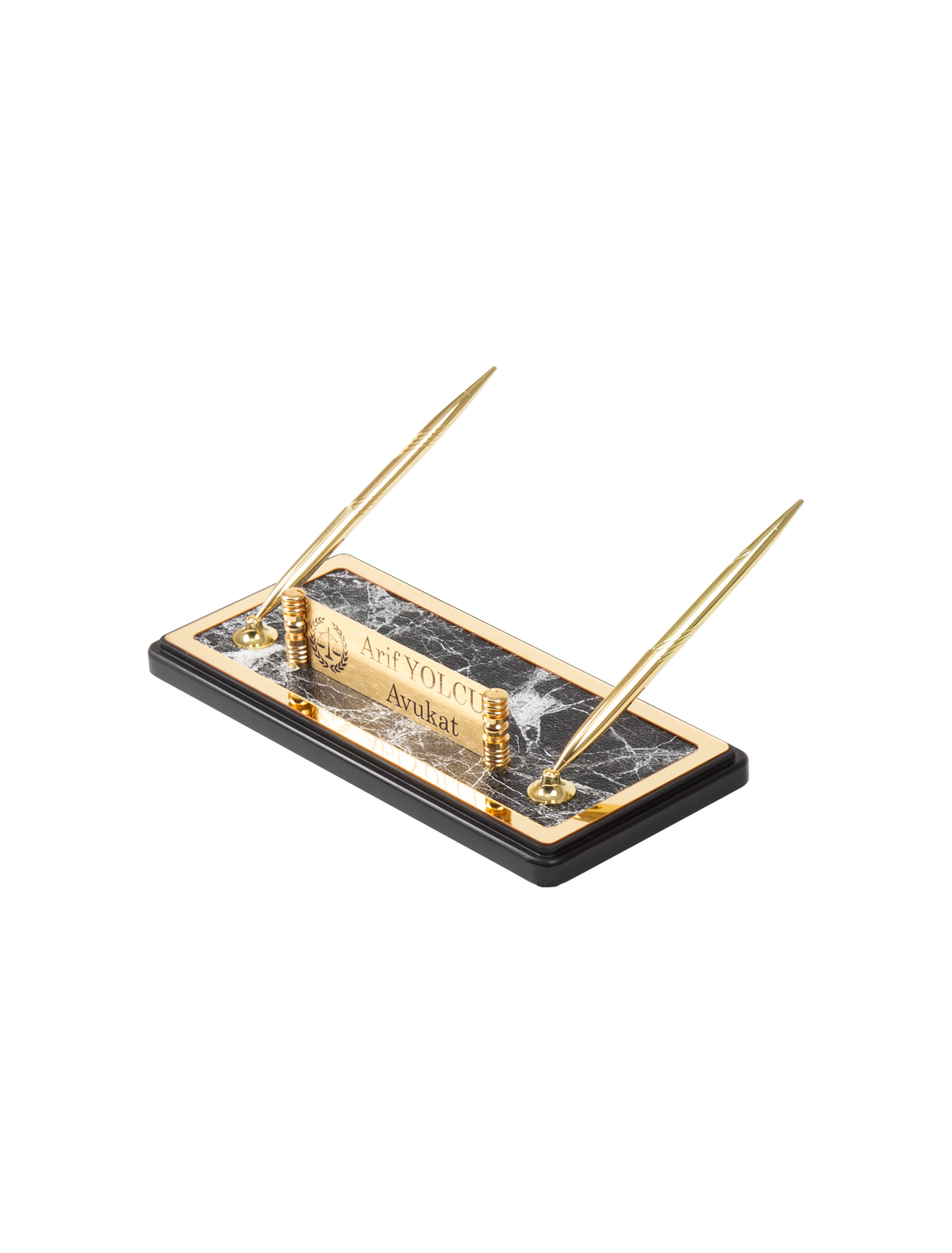 Gray marble-pattern desk nameplate stand with gold-colored trim, a name panel and two angled pens.
