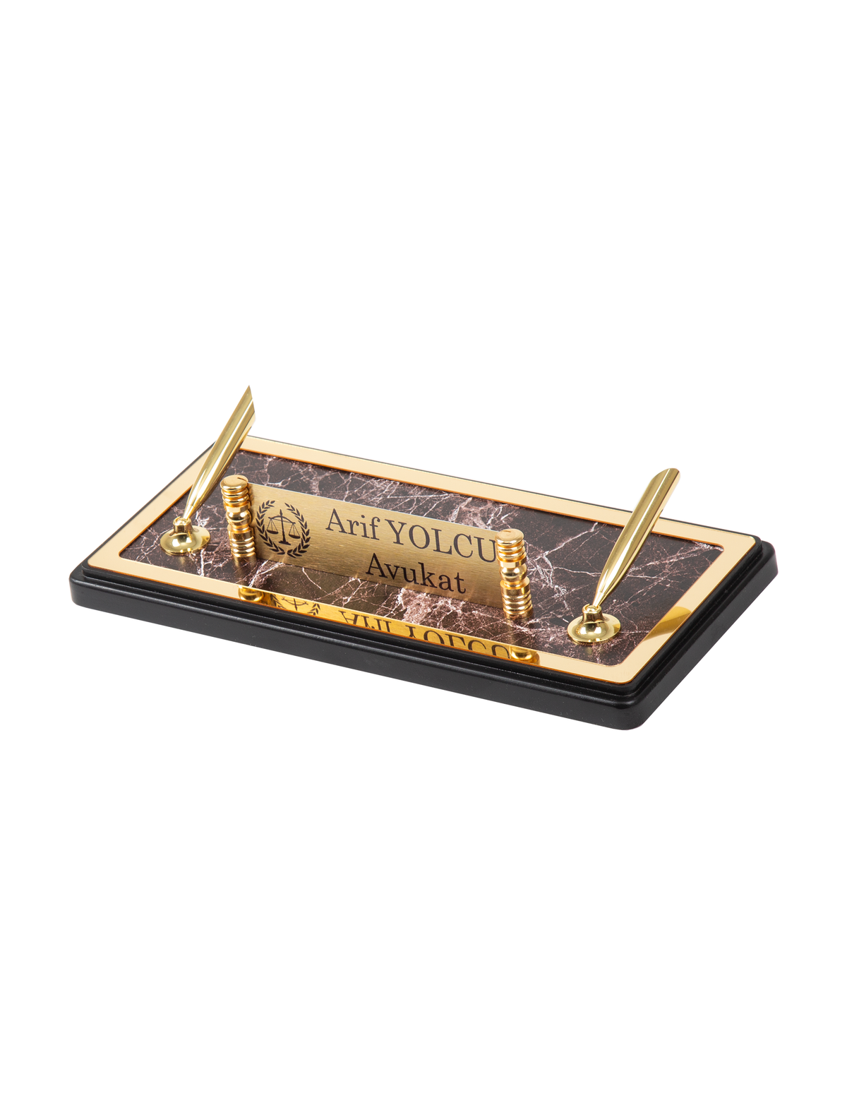 Brown marble-pattern desk nameplate stand with gold-colored trim, a name panel and two angled pens.