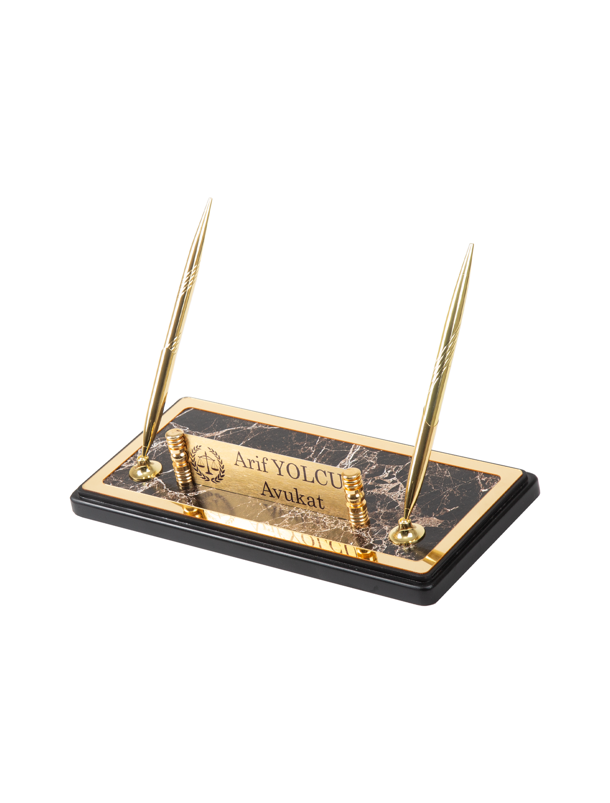 Marble-pattern desk nameplate stand with a gold-colored name panel, two upright pens and a black base.