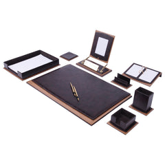Star 11-Piece Brown Faux Leather Desk Set with Single Paper Tray, Two Ballpoint Pens and Personalized Nameplate