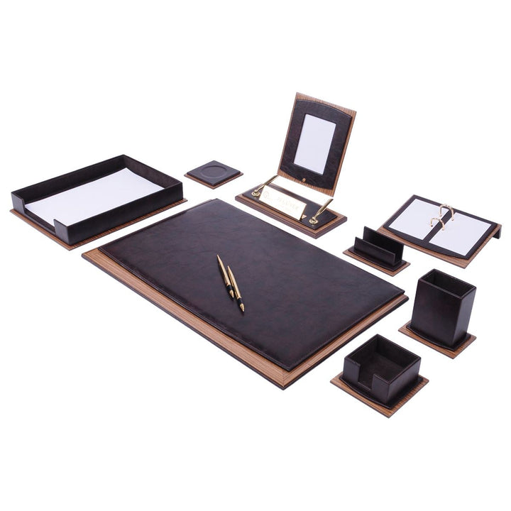 Star 11-Piece Brown Faux Leather Desk Set with Single Paper Tray, Two Ballpoint Pens and Personalized Nameplate