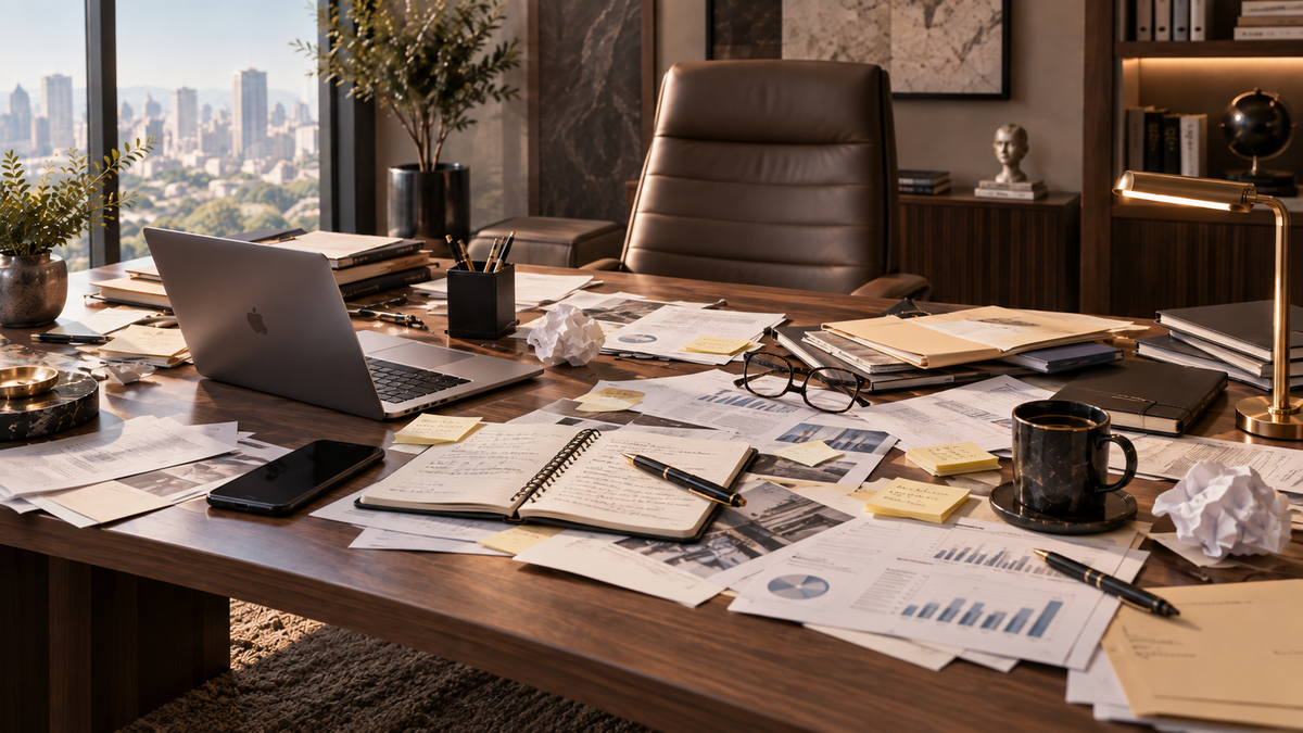 Unordentlicher Chefschreibtisch vor der Verwendung eines Guner Office Sets