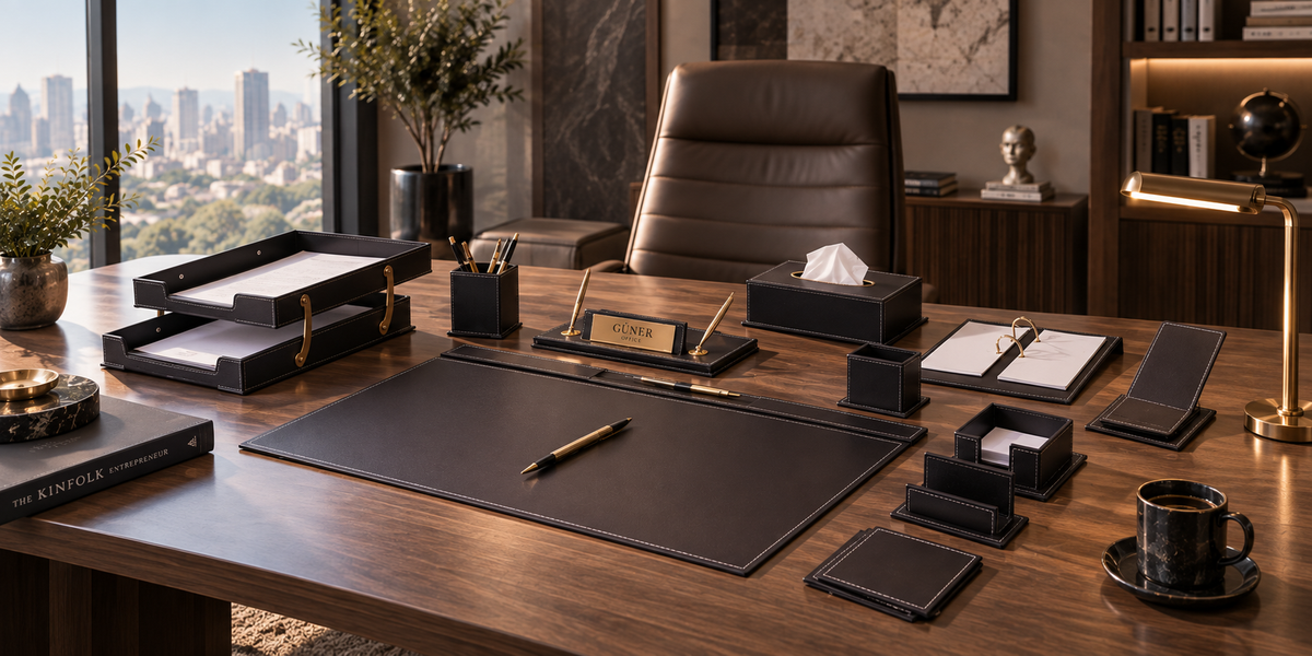 Organisierter Chefschreibtisch mit luxuriösem Guner Office Set