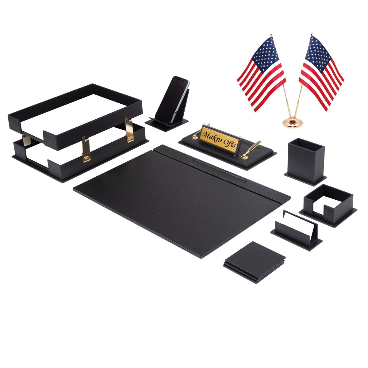 Galaxy Black 14-Piece Faux Leather Executive Desk Set with Two Desk Flags, Personalized Nameplate and Double Paper Tray