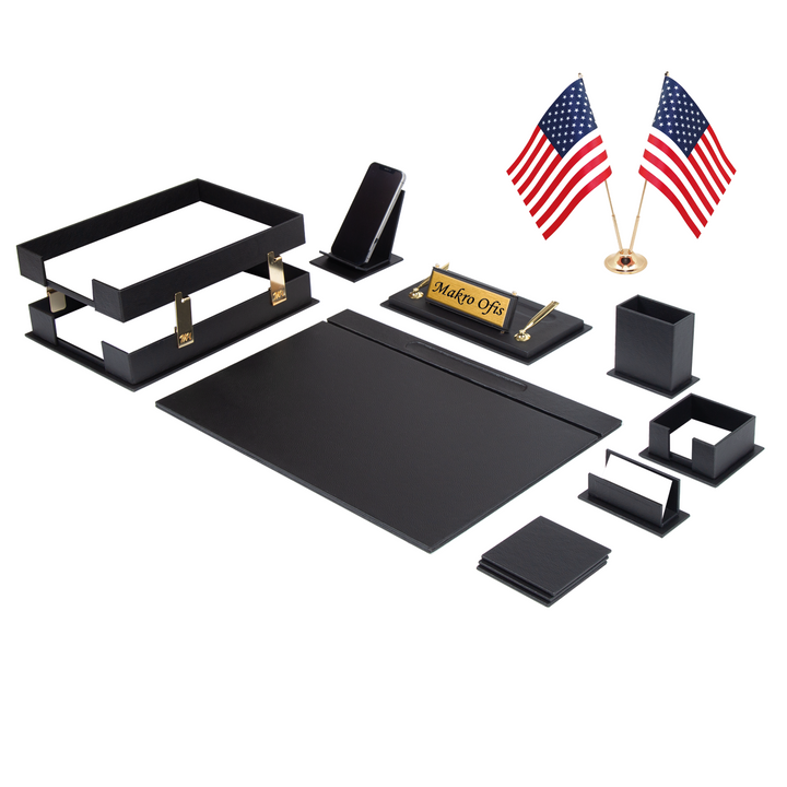 Galaxy Black 14-Piece Faux Leather Executive Desk Set with Two Desk Flags, Personalized Nameplate and Double Paper Tray