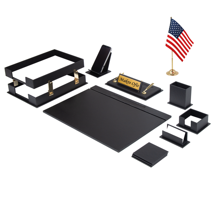 Galaxy Black 13-Piece Faux Leather Desk Set with Single Desk Flag, Two-Tier Document Tray and Personalized Nameplate