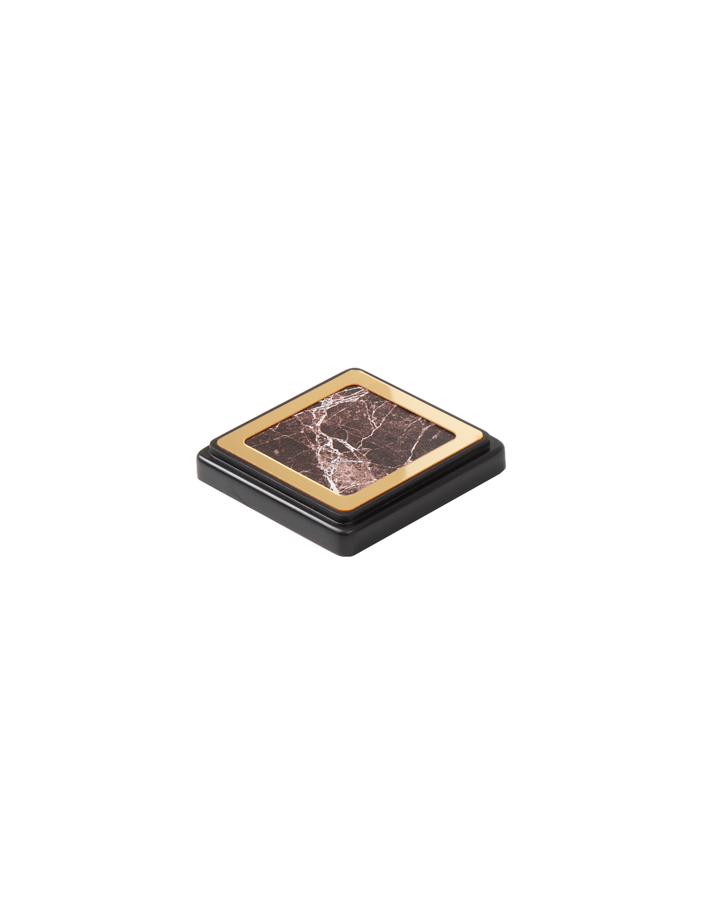 Square brown marble-pattern coaster with gold-colored trim on a black base.