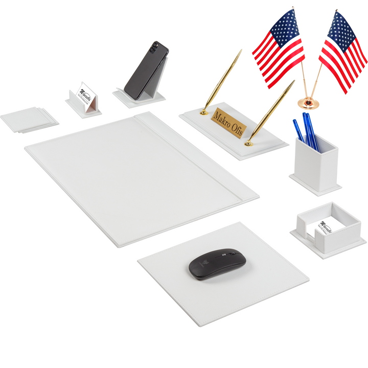 Venus White 14-Piece Faux Leather Executive Desk Set - Double Flags, Printed Nameplate, Two Pens and Mouse Pad