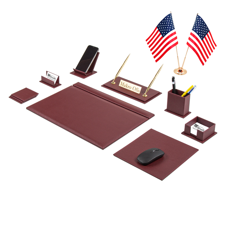 Venus Burgundy 14-Piece Faux Leather Desk Organizer Set with Two Flags, Custom Nameplate, Desk Pad and Two Pens