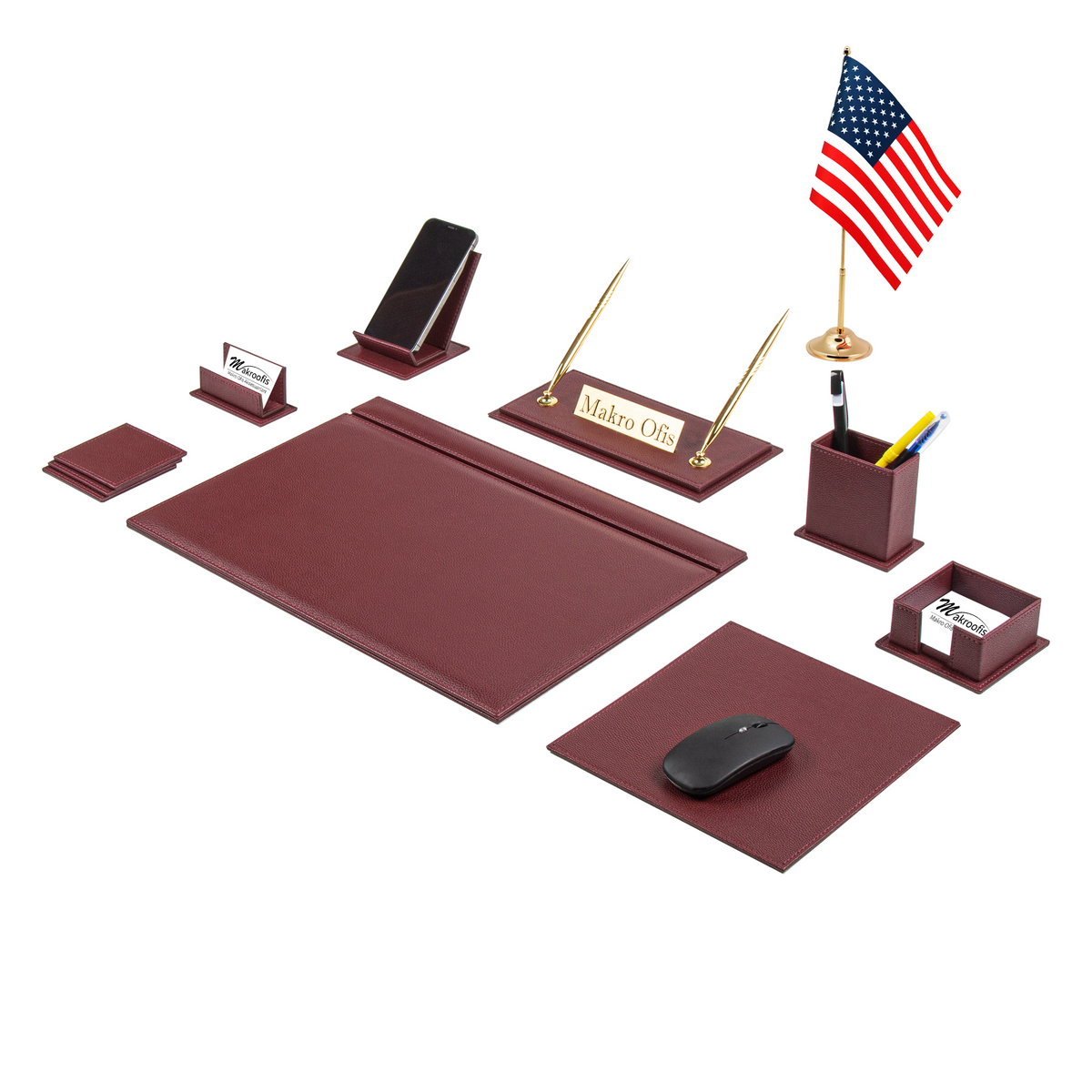 Burgundy Venus 13-Piece Faux Leather Desk Set with One Flag, Free Nameplate Printing and Matching Writing Accessories