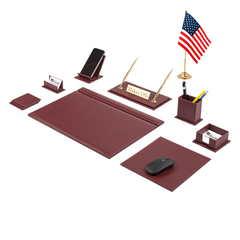 Burgundy Venus 13-Piece Faux Leather Desk Set with One Flag, Free Nameplate Printing and Matching Writing Accessories